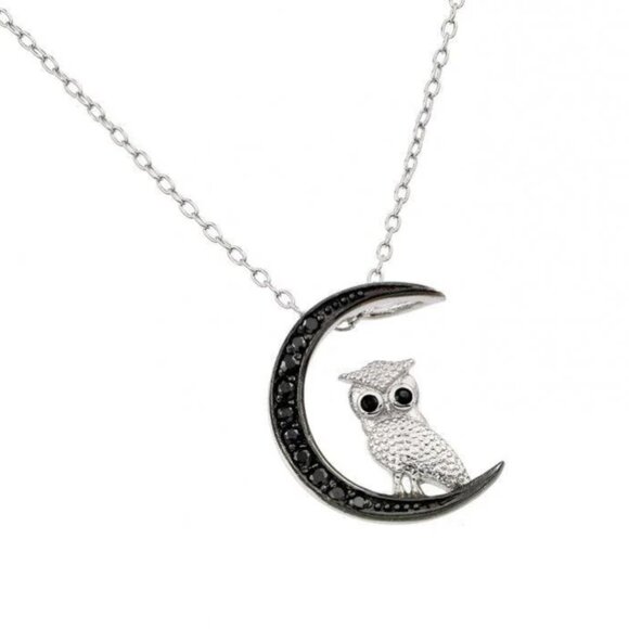 925 Sterling Silver Jewelry - Sterling Silver 925 Rhodium Plated CZ Black Moon and Owl Pendant Necklace
